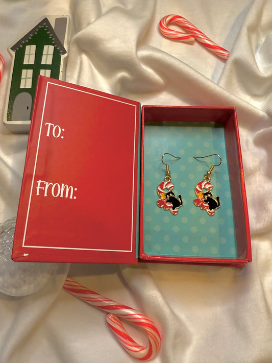Candy Cane Black Cat Earrings
