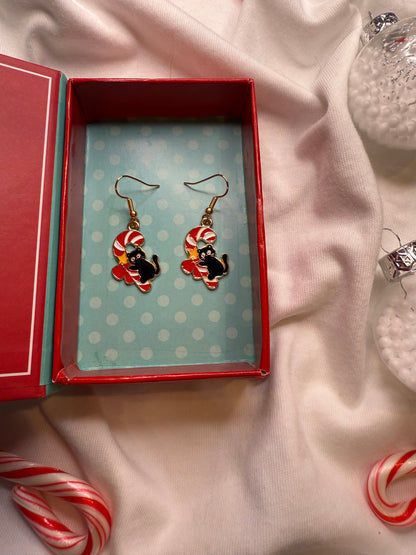 Candy Cane Black Cat Earrings